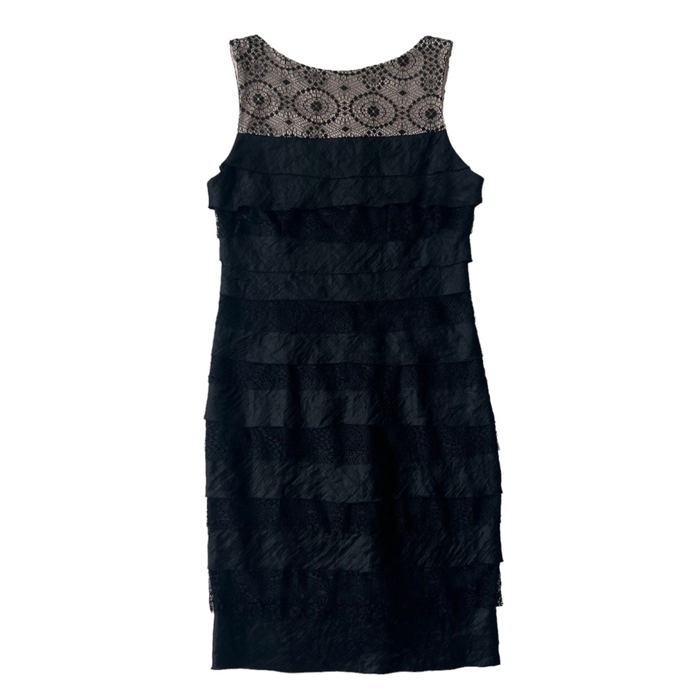 London Times black lace dress ruffles sleeveless sheath nude top Sz 8